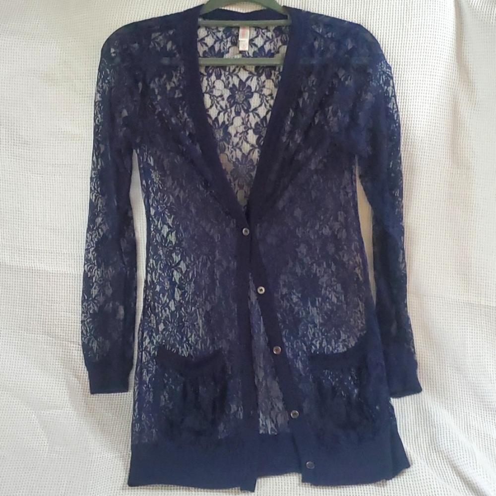 Womens navy blue xhilaration long lace button down with pockets size small